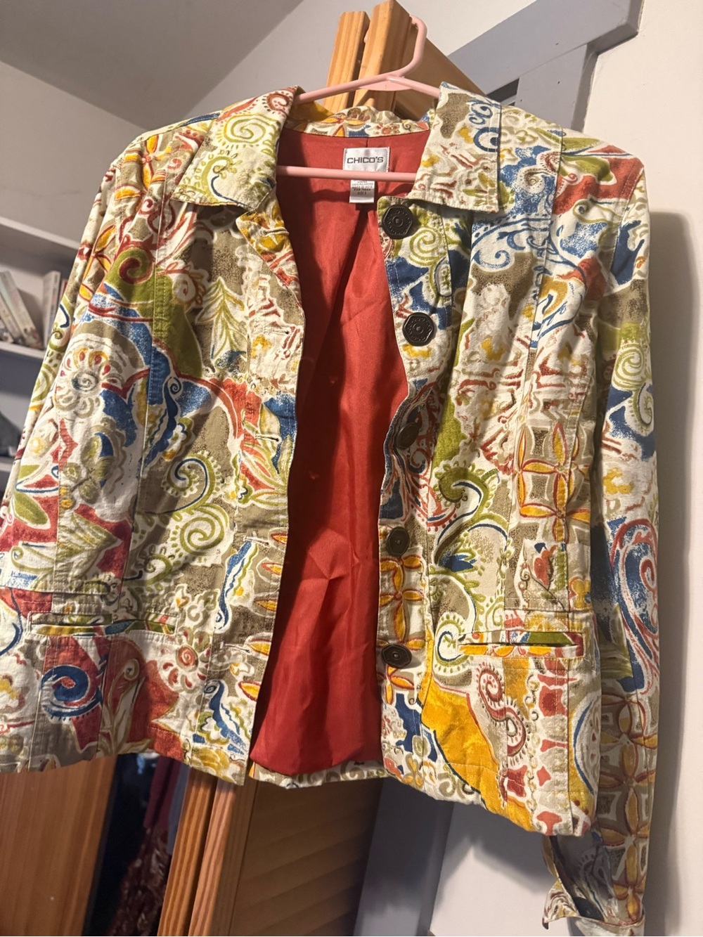 Chico's Multicolor Paisley Jean Jacket with Red Lining